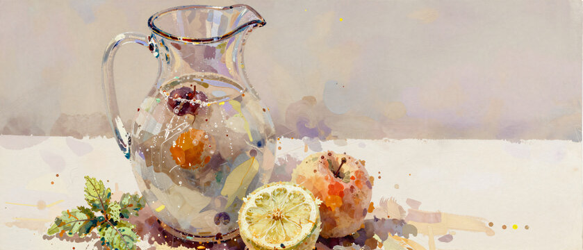 Kunstvolles Aquarell-Stillleben mit Krug und Zitrone