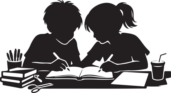 Two friends working together on group assignment during summer break, sharing one desk, silhouette.