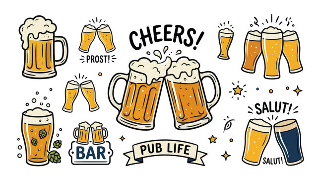 Beer Mug Collection: Cheers, Prost, Salut, Pub Life Illustrations