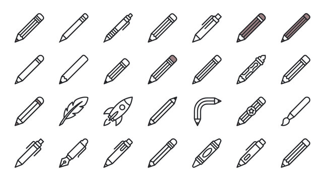 Collection of Drawing and Writing Tools Icons: Pencils, Pens, Brushes, Quill