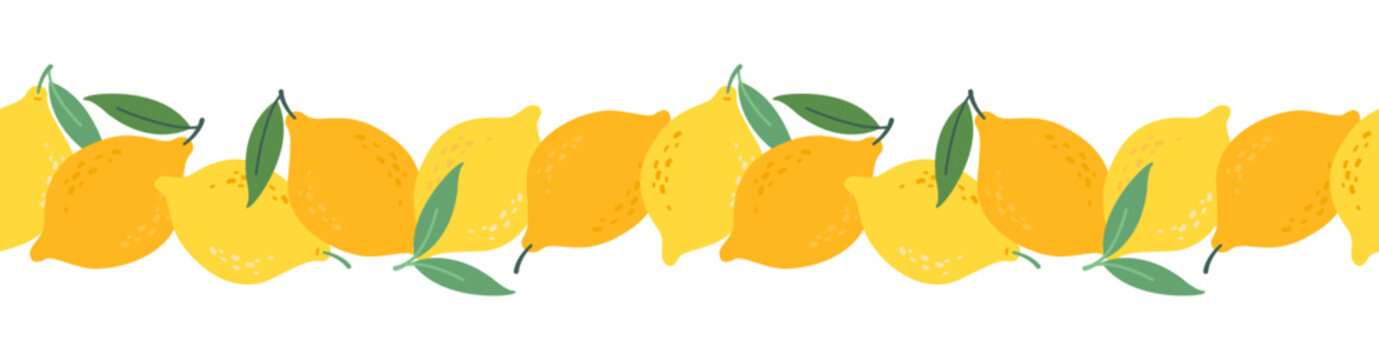 Yellow lemons and green leaves border seamless pattern