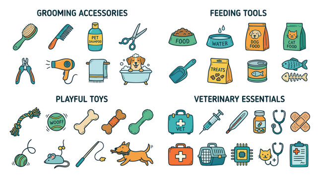 Dog Care Essentials: Grooming, Feeding, Play, and Health Icons