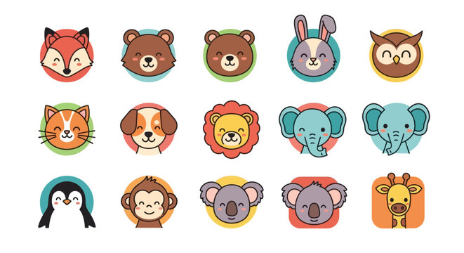 Cute Animal Faces Collection - Kawaii Style Icons for Kids