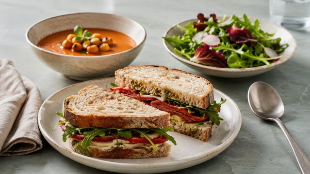 Hearty vegetarian sandwich with greens and tomato served with tomato chickpea soup and mixed green salad