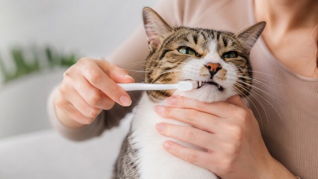 Person gently brushing a tabby cat's teeth with a toothbrush, close-up pet dental care moment