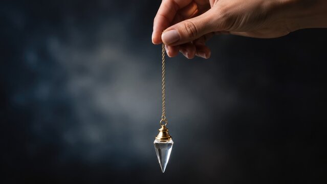 Hand holding a dangling crystal pendulum against a dark smoky background