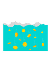 Naklejka premium Golden currency coins falling down like rain from white clouds on a blue background. Wealth, finance, and success concept.
