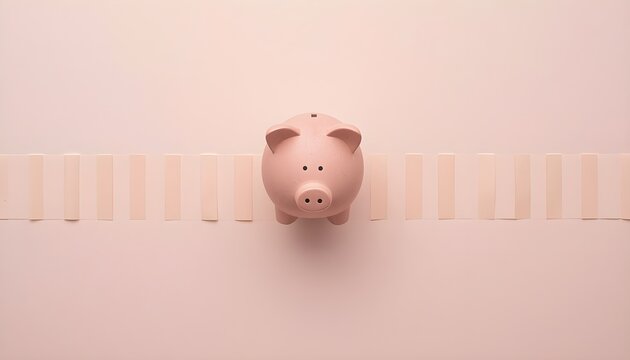 Top view of a pink piggy bank facing a forked road strip layout on a solid split pink and white background. Financial decision mockup