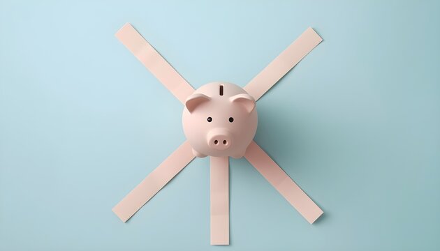 Top view of a pink piggy bank at a forked road layout on a split navy blue and white background. Financial decision mockup
