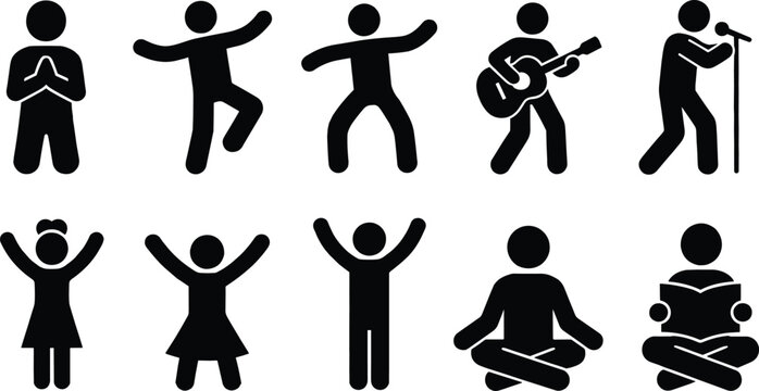 Comprehensive Leisure and Entertainment Pictogram Set with Black and White Vector Symbols of Singing Guitar Playing Dancing Yoga Meditation and Reading for Hobby and Lifestyle Concept