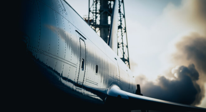 Close-up of a metallic rocket fuselage on a launchpad representing advanced aerospace engineering and space exploration.