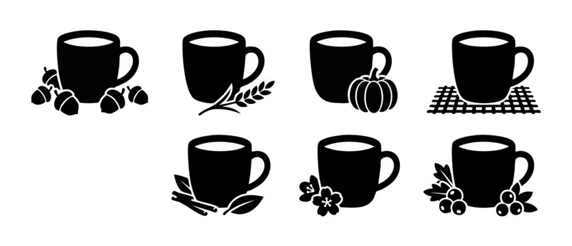 Autumn Mug Icon Set Silhouette featuring fall coffee cup vectors with pumpkin, acorns, wheat, cinnamon sticks, berries. Black isolated graphic symbols for Thanksgiving designs and seasonal menu card.