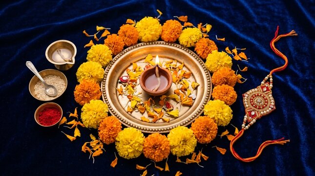 Elegant Rakhi Festival Thali with Clay Diya, Kumkum, Rice, and Floral Garland on Blue Velvet, Indian Holiday Greeting Card Vector