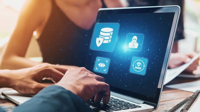 Data privacy and cyber security icons show encryption, data privacy safeguards, and cyber security defense. Data privacy ensures cyber security protection and access control. Gist