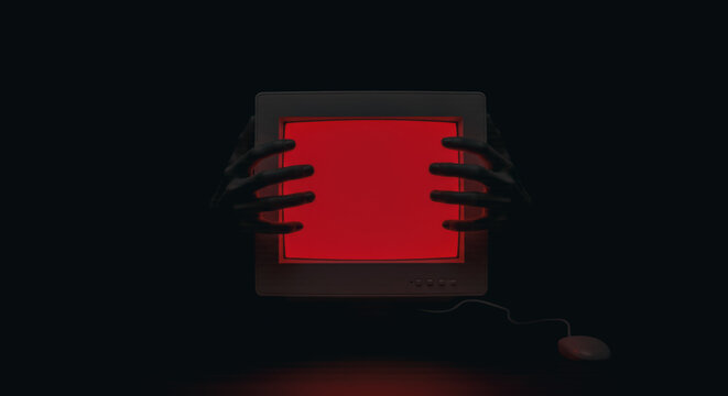 Shadowy hands clutching a vintage computer monitor with red screen in darkness representing digital addiction and obsession.