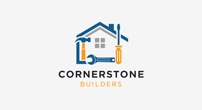 Cornerstone Builders Logo: House icon with tools - hammer, wrench, screwdriver