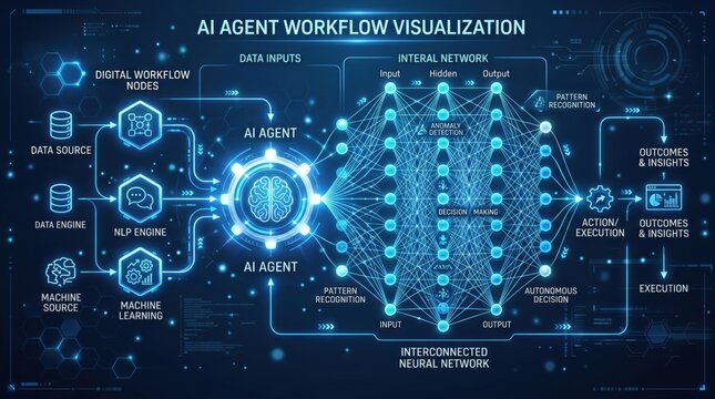Opened ingredientAI agent workflow visualization infographic showing data inputs, an interconnected neural network diagram, machine learning processing, and automated decision execution on a futuristi
