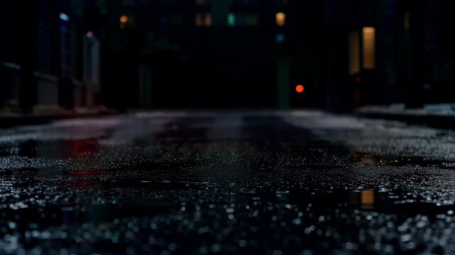 Police Car Lights Reflecting on Wet City Street at Night.