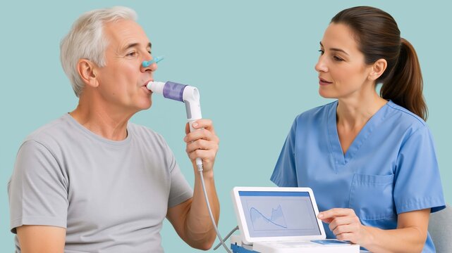 Senior man taking a spirometry test with a female nurse. Elderly male patient undergoing pulmonary function examination for lung capacity