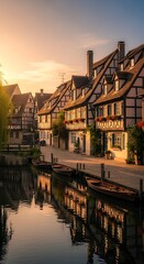 Naklejka premium Traditional half timbered houses along a peaceful canal at sunset