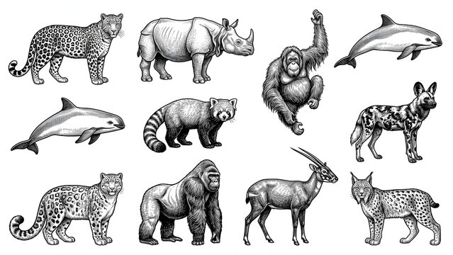 Hand drawn animal set with gorilla rhino red panda dolphin and leopard