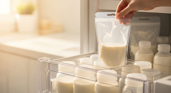 Breast milk storage in a refrigerator organizer with multiple bags ready for bottle feeding the baby. Use for household organization, lactation support articles, and nursery management tips.