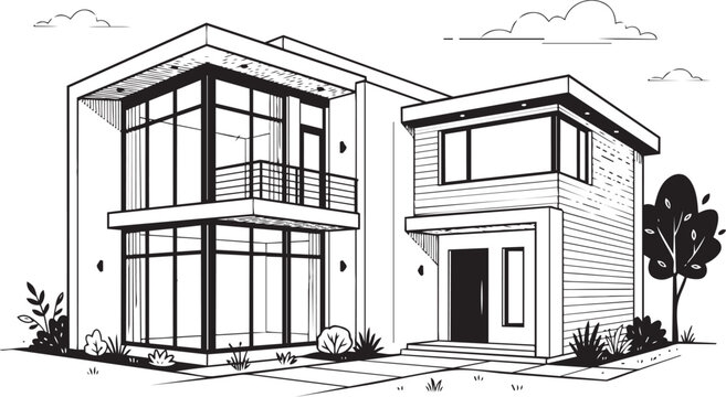 Modern two-story house with wooden extension