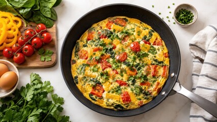 Fototapeta premium Vegetable frittata in a skillet with cherry tomatoes, bell peppers, spinach and fresh herbs