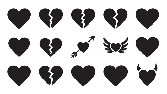 Compilation of romantic heart symbols including winged cupid arrow and broken heart shapes.