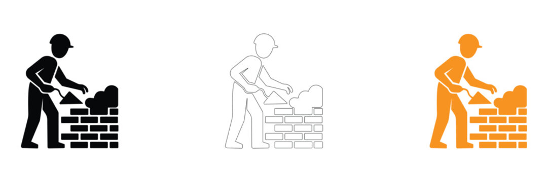 Vector icons of a bricklayer building a wall in black, line art, and orange, ideal for construction and architecture concepts