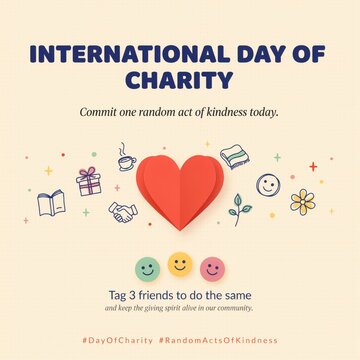 International day of charity poster with heart and kindness icons for sharing acts of goodwill