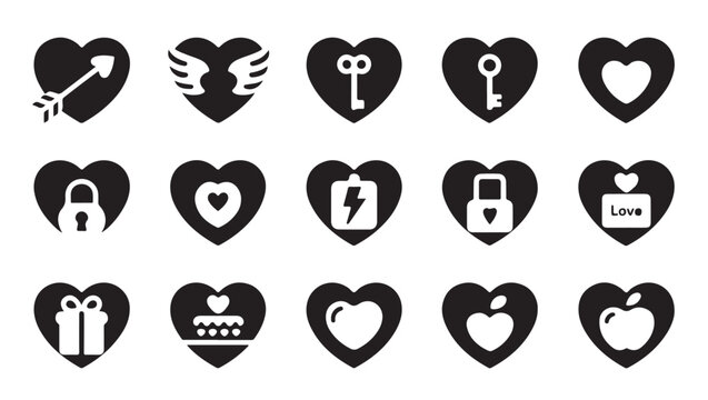 Set of black heart icons including cupid wings, keys, locks, battery, and gifts.