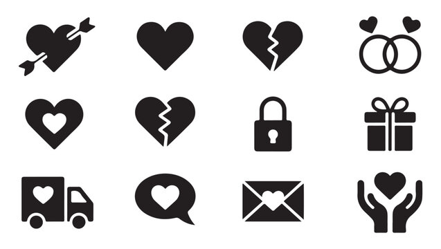 Valentine's day icons love hearts arrow broken heart rings lock gift and truck symbols.