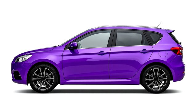 A vibrant, purple hatchback car is seen from the side. It has a sleek design with tinted windows and sporty wheels against a white background