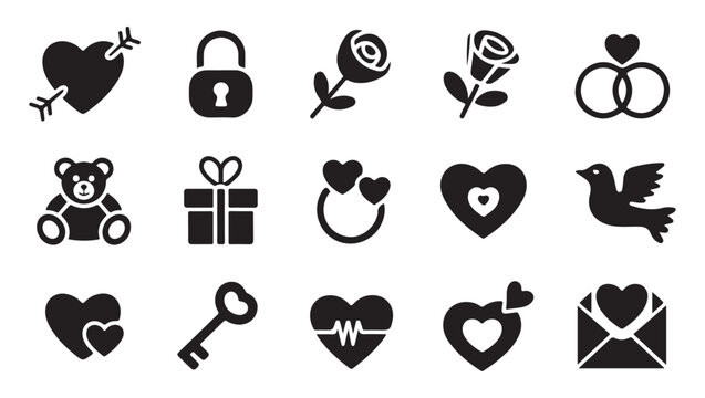 Love icons teddy bear rose flower rings gift box dove key heart envelope symbols.