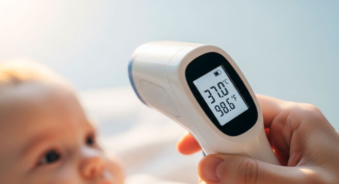 Non-contact infrared thermometer showing baby temperature on a digital screen during a wellness check. This image is used for medical technology, fever monitoring, and pediatric health.