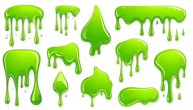 A collection of green gooey liquid shapes on a white background