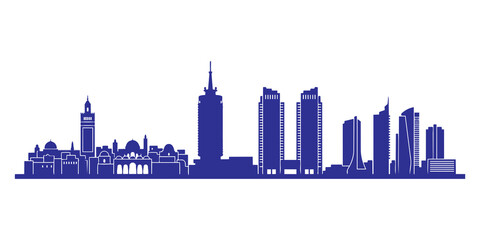Obraz premium Karachi Pakistan City Skyline Flat Vector Silhouette — Port Tower, HBL Plaza, MCB Tower, Mazar-e-Quaid Mausoleum, Arabian Sea Waterfront — South Asian Urban Cityscape for Business Presentation 2026