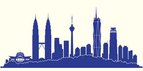 Obraz premium Kuala Lumpur Malaysia City Skyline Flat Vector Silhouette — Petronas Twin Towers, KL Tower, Merdeka 118, Exchange 106 — Southeast Asian Urban Cityscape for Business Presentation, Travel