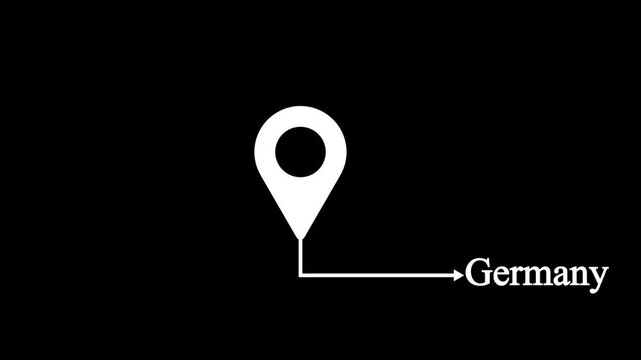 Location pin icon animation video pointing to Germany country name isolated on black background.