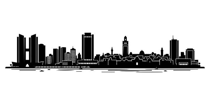 Tunis Tunisia City Skyline Flat Vector Silhouette &mdash; Tunis Lake Towers, Zitouna Mosque, Hotel Africa, Lac de Tunis, Medina Roofline &mdash; North African Mediterranean Cityscape for Business Presentation