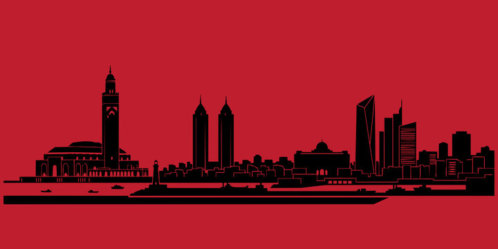 Tunis Tunisia City Skyline Flat Vector Silhouette &mdash; Tunis Lake Towers, Zitouna Mosque, Hotel Africa, Lac de Tunis, Medina Roofline &mdash; North African Mediterranean Cityscape for Business Presentation