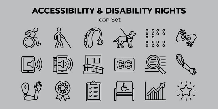 Accessibility Disability Rights Icon Set &mdash; Wheelchair User, White Cane, Hearing Aid, Braille, Sign Language, Screen Reader, Closed Captions, Prosthetic Limb, Invisible Disability &mdash; Flat Vector
