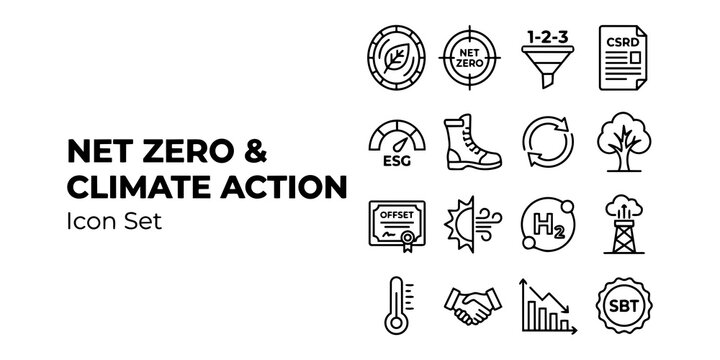 Net Zero Climate Action Icon Set &mdash; Carbon Credit, Scope Emissions, CSRD Reporting, ESG Dashboard, Carbon Footprint, Circular Economy, Nature-Based Solutions, Renewable Energy &mdash; Flat Outline Vector 