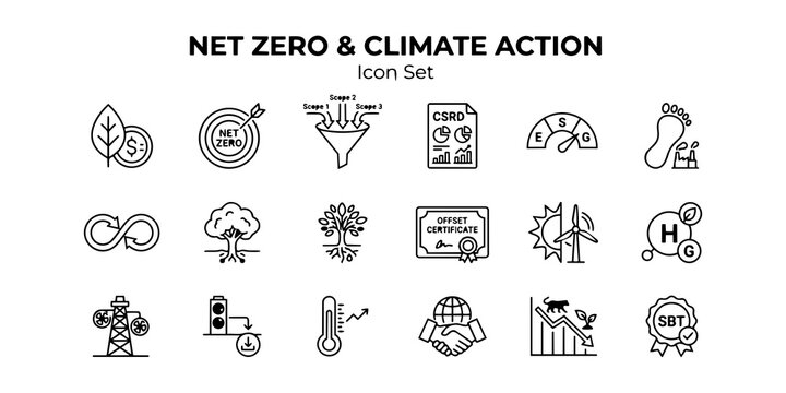 Net Zero Climate Action Icon Set &mdash; Carbon Credit, Scope Emissions, CSRD Reporting, ESG Dashboard, Carbon Footprint, Circular Economy, Nature-Based Solutions, Renewable Energy &mdash; Flat Outline Vector 