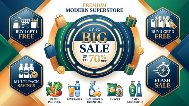 Modern superstore big sale promotional banner vector illustration with retail shopping icons and discount offers