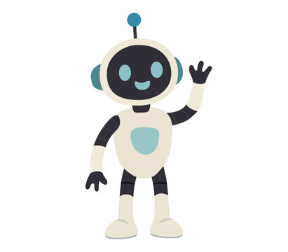 Cute robot android isolated on white background. Happy smiling kid robot cyborg toy mascot. Vector flat illustration
