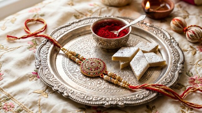 Raksha Bandhan Vector Illustration with Ornate Rakhi, Kaju Katli Sweet, and Kumkum on Silver Thali for Indian Festival Concept