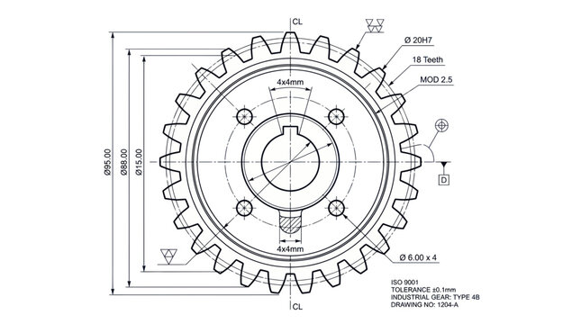 Mechanical Engineering Gear Blueprint: Technical Drawing with Dimensions