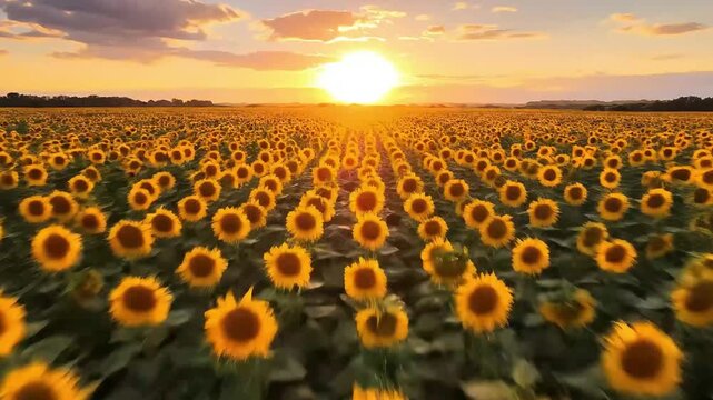Aerial Drone Flight Over Endless Sunflower Field at Sunset